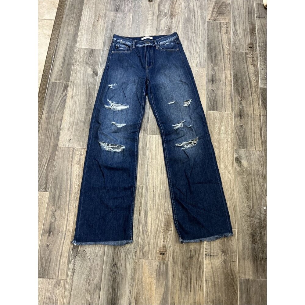 KanCan Womens High Rise Wide Leg Jeans Size 27x 32 Ripped Distressed Style 2158